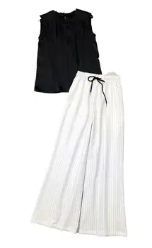 2023 Женская одежда, Новый потертый топ без рукавов с широкими брюками в полоску, костюм 0823