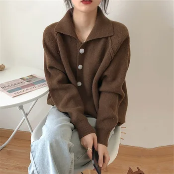 Новый вязаный кардиган Поло с воротником-стойкой, женский Корейский стиль в стиле ретро, Модная Свободная верхняя одежда, ленивый свитер, пальто