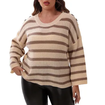 Женский полосатый топ Большого размера, женское украшение на пуговицах, Прямой рукав, Свободный пуловер в стиле пэчворк, однотонные толстовки
