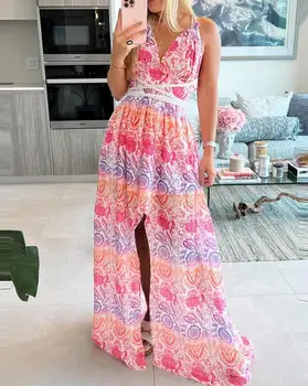 Элегантные платья для женщин с цветочным рисунком, платье Макси без рукавов с разрезом, новая мода 2023, летняя повседневная женская одежда