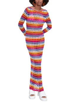 Женское трикотажное платье в полоску с круглым вырезом и открытой спиной, модное длинное платье Макси