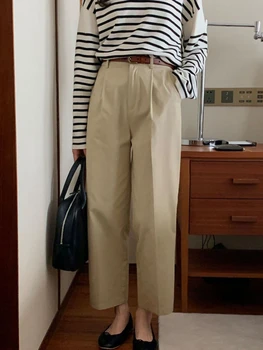 Женские брюки с прямыми штанинами HOUZHOU в корейском стиле Old Money, модные винтажные брюки-карго с высокой талией, Свободные повседневные брюки-карго длиной до щиколотки