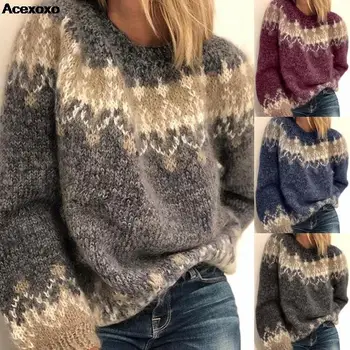 Новый осенне-зимний женский повседневный свободный мохеровый вязаный жаккардовый свитер для женщин