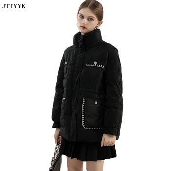 Зимнее женское пуховое пальто на молнии, Приталенный крой, Длинный рукав, воротник-стойка, Толстый Теплый Черный Короткий пуховик, Уличная повседневная верхняя одежда