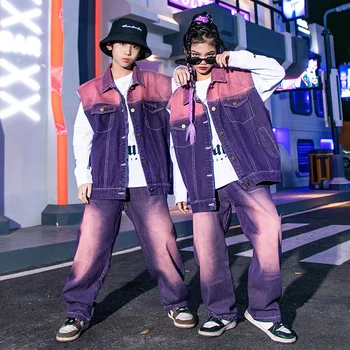 Детская одежда в стиле хип-хоп Фиолетовая джинсовая куртка без рукавов, жилет, повседневные уличные джинсовые брюки для девочек, танцевальный костюм для мальчиков, комплект одежды
