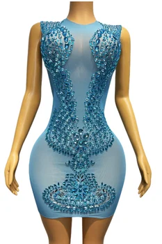 Блестящее голубое прозрачное платье без рукавов со стразами, вечернее платье для празднования дня рождения, сексуальный эластичный костюм binghua