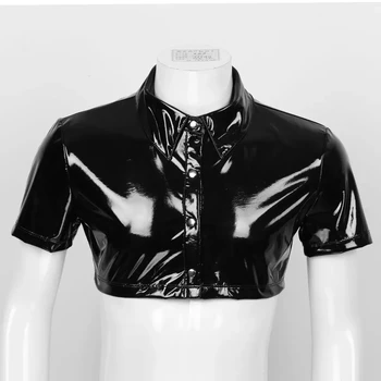 Мужская Сексуальная глянцевая кожаная рубашка с короткими рукавами, эротические облегающие латексные топы, Повседневные футболки, Блестящая короткая кожаная куртка Sexi