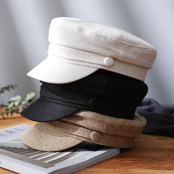 Модная Женская шляпа, Плоская кепка, Военная кепка, Весенне-Осенняя Льняная однотонная шляпа для молодых студентов, Восьмиугольные Шляпы, Черные женские Кепки-береты