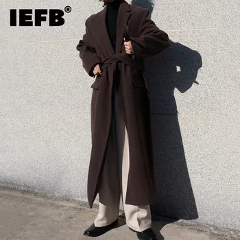 Шерстяное пальто IEFB, Трендовый Мужской Кардиган в Корейском стиле, Свободное Утолщенное Красивое Длинное Пальто, Осеннее Новое Пальто с Поясом 9C1272