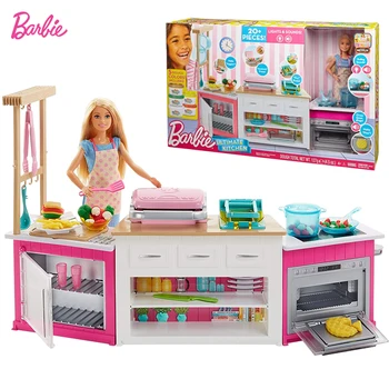 Оригинальный набор для игры на кухне Barbie с кукольными лампочками, звуками, формочками для еды, 5 цветов теста и более 20 аксессуаров, детские игрушки, Рождественские подарки