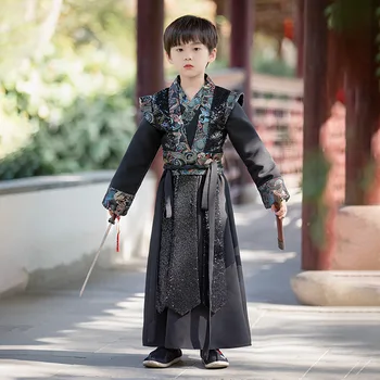 Весна Осень, Элегантный черный костюм Ханьфу с принтом Dregon в китайском стиле, древний традиционный костюм Династии Хань