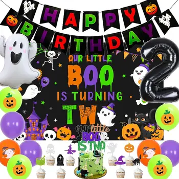 Украшения для Вечеринки в честь 2-го дня рождения на Хэллоуин, Наш Маленький Бу переворачивает два фона, Топпер для торта, Призрачный воздушный шар для мальчиков 2 лет