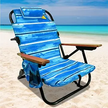 Пляжный стул с 5 откидывающимися положениями, Подстаканник, чехол сбоку, мягкая подушка, сумка для хранения на спине, Легкий нержавеющий алюминиевый черный