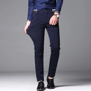 Черные костюмные брюки для мужчин, модные деловые повседневные брюки, Мужские вечерние брюки, Эластичные прямые офисные брюки, мужские темно-синие