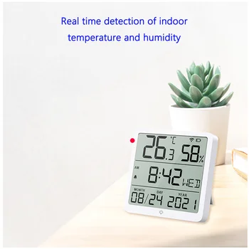 Термометр-гигрометр Tuya WiFi Датчик температуры и влажности Часы с большим экраном Будильник Интеллектуальный детектор связи