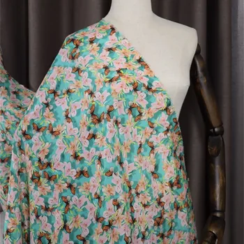 Ширина 135 см, Летнее Дышащее платье-двойка из крепа с цветочным принтом Бабочки, рубашка, Атласная Дизайнерская ткань из чистого Шелка Тутового цвета, на метр