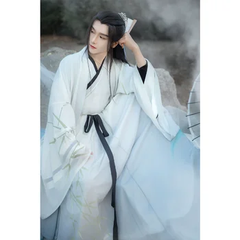 Восточный Элегантный Белый костюм Hanfu с перекрестным воротником и бамбуковым принтом, Большой рукав, 3 шт., Мужская одежда, Традиционный китайский костюм для косплея