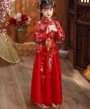 Китайская новогодняя одежда, Красное платье эпохи Тан для девочек, Винтажный сценический костюм Hanfu с вышивкой