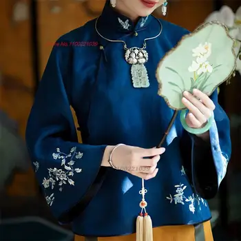 2023 женская винтажная блузка с национальной цветочной вышивкой, атласное ципао, традиционные женские топы hanfu, восточный чайный сервиз, рубашка hanfu
