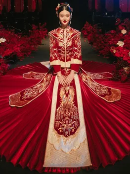 Традиционный Классический Свадебный костюм Невесты с вышивкой Феникса, Чонсам, китайская пара, Женщины, Мужчины, Свадебное платье Qipao Vestidos
