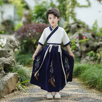 Новое платье Hanfu из двух предметов для мальчика времен династии Тан, длинная юбка из полиэстера, улучшенный китайский летний костюм для косплея молодого мастера