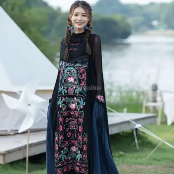 2023 традиционное китайское винтажное платье с национальной цветочной вышивкой без рукавов, длинное платье из хлопка и льна в стиле ретро, повседневное платье чонсам