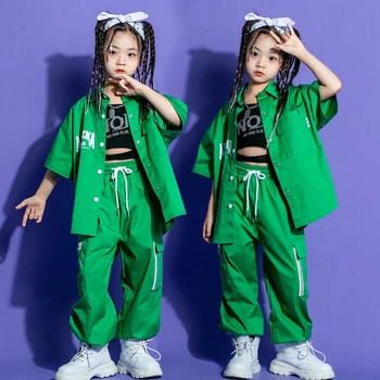 Детская концертная одежда в стиле хип-хоп, Зеленый кардиган, Топы, Шорты-карго, Брюки для девочек и мальчиков, Костюм для джазовых танцев, Одежда для рейва
