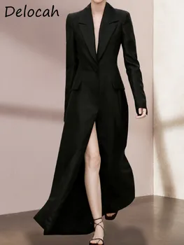 Delocah/ Высококачественные Весенние женские Модные Дизайнерские черные тренчи с Длинным рукавом и Накладным Карманом, Элегантные Тонкие Комбинированные пальто, пальто