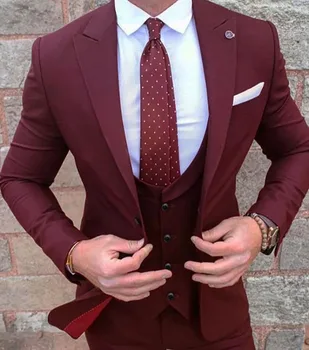 Бордово-красный смокинг, свадебный костюм-тройка, лучший мужской официальный деловой западный приталенный костюм (пиджак + брюки + жилет), костюм homme