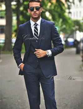 Комплект из 3 предметов, сшитый на заказ темно-синий мужской костюм, деловые наряды, смокинги для свадебной вечеринки (куртка + жилет + брюки)