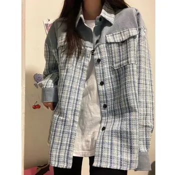 Синий Твидовый пиджак Deeptown в корейском стиле, женская модная уличная одежда, винтажные клетчатые куртки Оверсайз, Шикарное и элегантное эстетическое пальто
