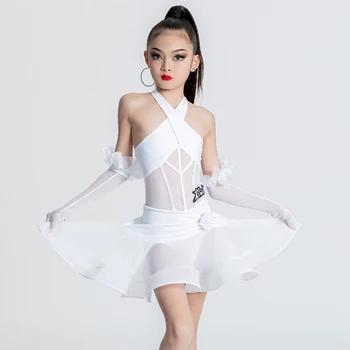 Детское профессиональное платье для танцев, Белое платье для латиноамериканских танцев на бретелях, Платья для соревнований по бальным танцам, Одежда для сцены XS6294