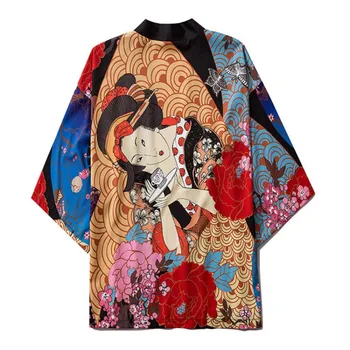 Японское кимоно Уличная одежда Укие-э, Кимоно с цветочным принтом, Кардиган для косплея, Халат Хаори Оби, традиционная японская одежда для женщин и мужчин