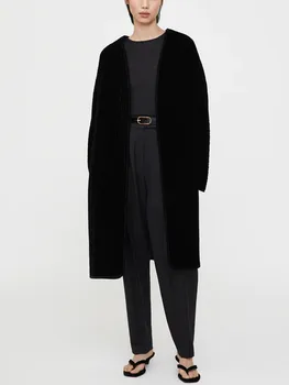 Бархатное черное женское пальто средней длины с V-образным вырезом и длинным рукавом, женские куртки Осень-зима 2022