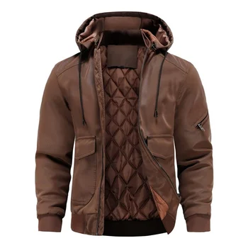 Зимняя повседневная мотоциклетная куртка из искусственной кожи с толстым теплым капюшоном на уличной молнии, однотонные куртки из искусственной кожи для мужчин, верхняя одежда jaqueta masculina