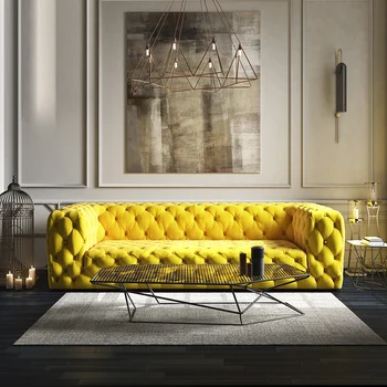 Итальянский дизайн, желтый бархатный диван для гостиной с хохолком, индивидуальный современный 3-местный диван chesterfield, тканевые диваны с хохолком на пуговицах