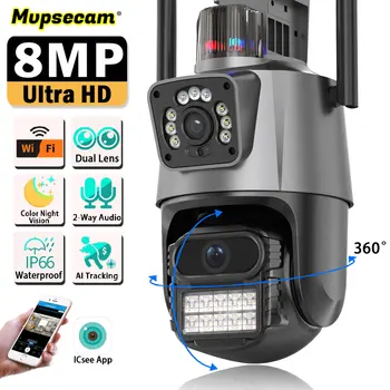 4K HD iCSee 8MP Двухобъективная Наружная беспроводная камера безопасности Цветная сигнализация Ночного Видения CCTV Монитор WIFI Камера наблюдения