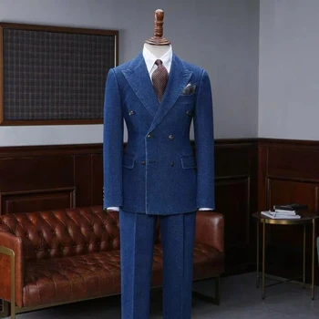 Повседневные Синие Джинсовые Мужские костюмы Оксфорд, Костюм Homme, Модный Свадебный Блейзер для выпускного вечера, приталенный Блейзер для жениха, 2 предмета (куртка + брюки)
