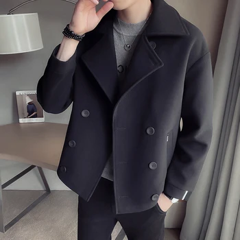 Осенне-зимнее Полушерстяное мужское пальто 2022, Корейская Ветровка, Свободная Короткая Повседневная мужская куртка, Социальное однотонное Черное Мужское Пальто