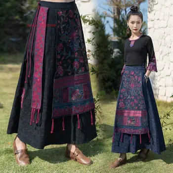 2023 женская традиционная этническая юбка с кисточками, национальная цветочная вышивка, юбка миди с эластичным поясом, китайская винтажная народная юбка трапециевидной формы