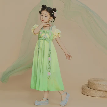 Высококачественная вышивка Hanfu для девочек, Детские платья Принцессы для танцев, традиционная китайская одежда, лето HFT019
