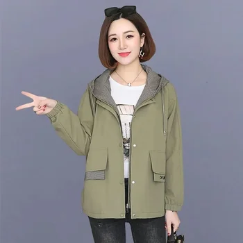 2023 Новое весеннее пальто Женская Корейская версия, Свободная куртка с капюшоном, Короткая весенняя куртка Harajuku, Женская одежда