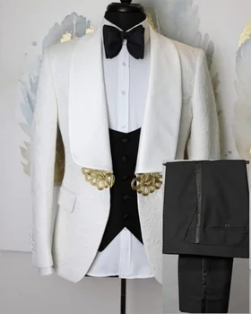 Комплекты Мужских костюмов из белой ткани с принтом, 3 шт., Свадебная куртка с воротником-шалью Для Жениха, черные Брюки, Жилет, облегающие комплекты мужских костюмов