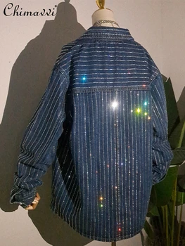 Новая Модная Элегантная Джинсовая рубашка в полоску с кристаллами и стразами, Женская 2022, Весна-Осень, Свободные Джинсовые блузки с длинными рукавами и бриллиантами