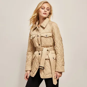 Зимнее женское пальто с подкладкой в клетку с поясом в Английском стиле Высокого качества C793